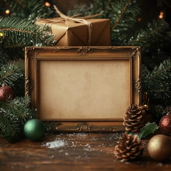 A beautifully ornate frame sits empty, surrounded by pine branches, colorful ornaments, and a neatly wrapped gift, creating a warm holiday atmosphere.