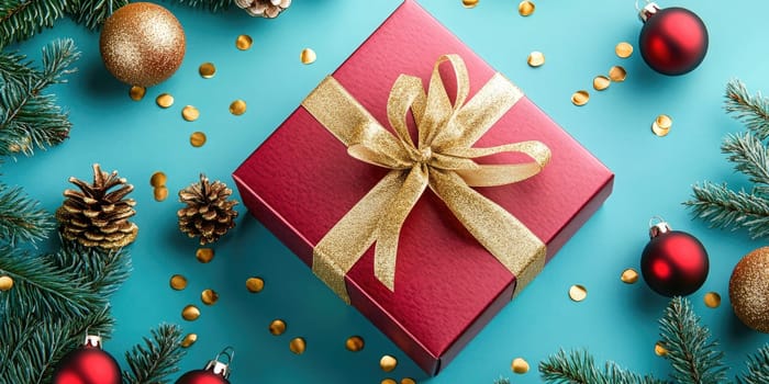 A vibrant red gift box with a golden ribbon sits on a cheerful blue backdrop. Pinecones, shiny ornaments, and golden confetti enhance the joyful holiday spirit.