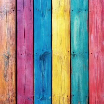 Colorful wooden planks are arranged vertically, featuring vivid shades of pink, blue, yellow, and orange. This backdrop adds a cheerful touch to any artistic endeavor or presentation.