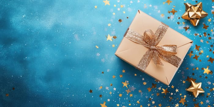 Wrapped in elegant paper, a gift box sits on a vibrant blue background surrounded by shimmering stars and decorative elements, embodying the spirit of new year's celebrations.