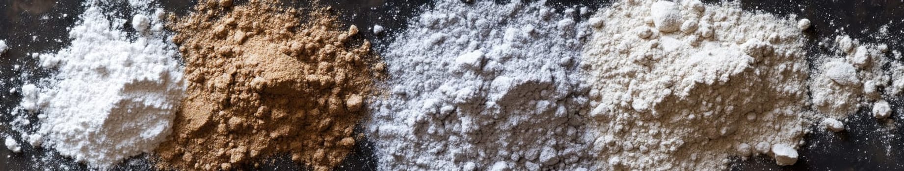 Different colors and textures of dust arranged neatly on a dark surface showcase materials used in crafting, baking, or construction. These powders display a range of hues and consistencies.