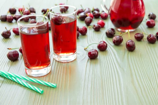 Left 2 glasses of juice, green straws, scattered cherries, jar of cherry juice, on right empty space for text on green background. Cherries, cherry juice and empty space. Horizontal.