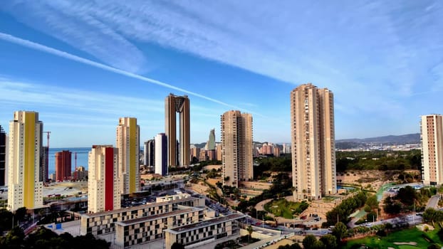 A stunning panoramic view showcasing contemporary skyscrapers and lively urban spaces in a bustling metropolitan area