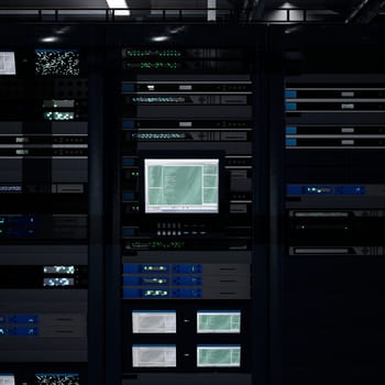 Central system controlling devices used for high speed data transfers. Server room computer overseeing gear delivering processing capacity for AI powered automation and database hosting, 3D rendering.