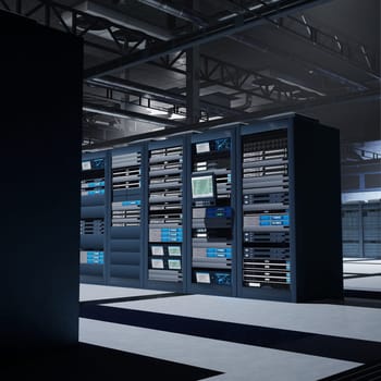 High-tech data center supporting AI processing, virtual networks and real time analytics. Supercomputers archiving structured datasets used in machine learning research, 3D render