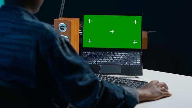 Teleworker in apartment office using mockup laptop to analyze sales report and plan business development. Woman working from home doing project research, typing on isolated screen notebook