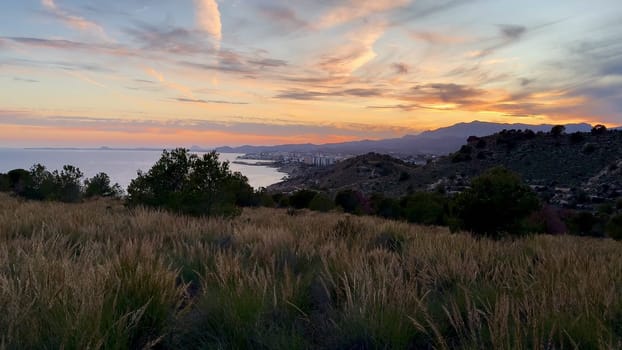 Enjoy the stunning sunset view shimmering over the coast, hills, and vibrant green fields around you