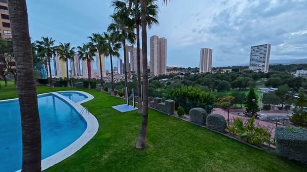 A tranquil poolside view showcasing palm trees alongside urban buildings beautifully set in the background