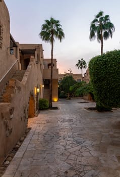 Amman, Jordan - 8 November 2024: Dusk in the courtyards of Movenpick Hotel and Spa by the Dead Sea in Jordan