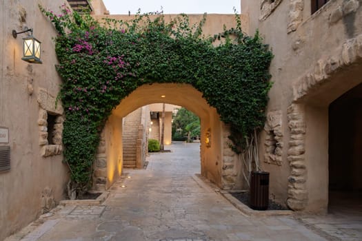Amman, Jordan - 8 November 2024: Dusk in the courtyards of Movenpick Hotel and Spa by the Dead Sea in Jordan