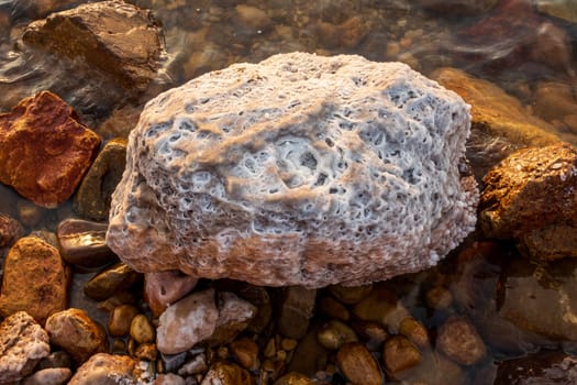 A close-up view showcasing the unique salt formations encrusted on rocks at the dead sea's edge, glistening in the sunlight