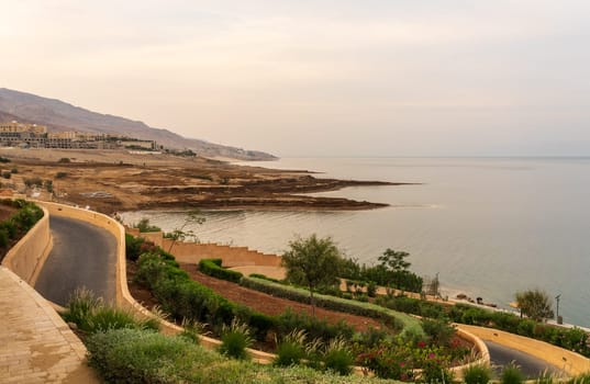 View along the coast of Dead Sea in Jordan at the lowest point on earth at 420m below sea level