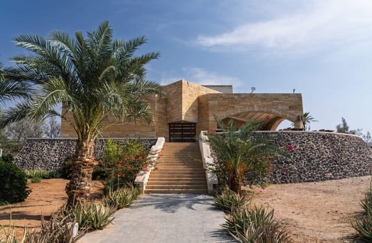 Entrance to modern museum building for the Dead Sea Panorama Complex on mountain top in Jordan