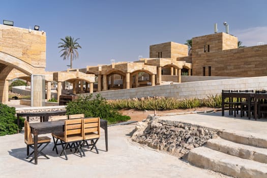 Patio outside the modern restaurant building for the Dead Sea Panorama Complex on mountain top in Jordan