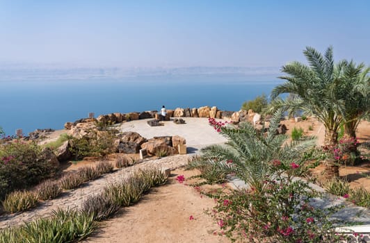 Viewpoint for the Dead Sea Panorama Complex on mountain top in Jordan looking towards Israel
