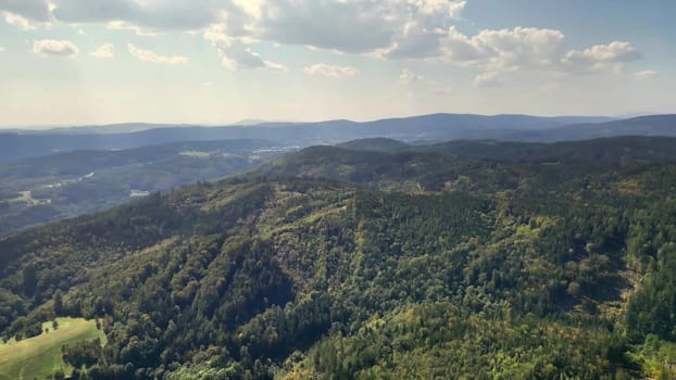 A stunning aerial perspective of verdant mountains and rolling hills, capturing nature's tranquility.