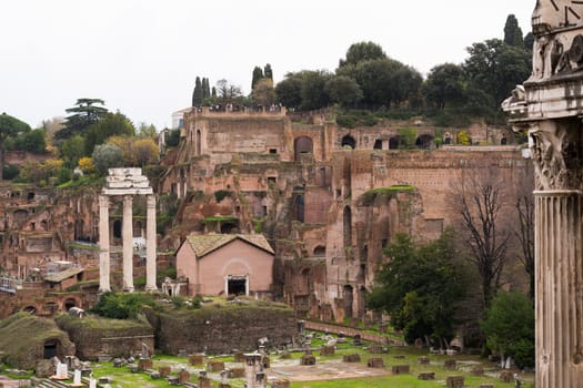 Rome, Italy - 09.12.2022: Temple of Castor and Pollux. Ancient roman ruins in scenic landscape with historical architecture.