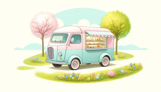 Nestled in a blooming spring meadow, a charming pastel dessert food truck presents a variety of delectable pastries and treats beside whimsical pink trees.