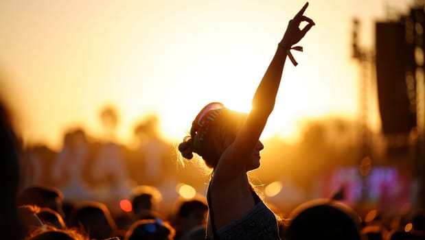 Enthusiastic festival-goers celebrate music under a vibrant sunset, with silhouettes dancing and enjoying the moment. Generative AI.