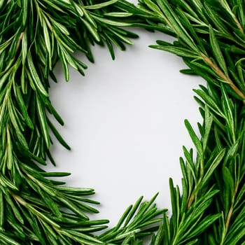AI generated aromatic image of vibrant rosemary herb sprigs arranged in circular formation, showcasing their needle-like leaves and woody stems against clean white background