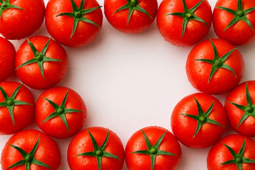 AI generated vibrant image of ripe red tomatoes arranged in circular formation with glistening water droplets, showcasing their juicy freshness and glossy skin against clean white background
