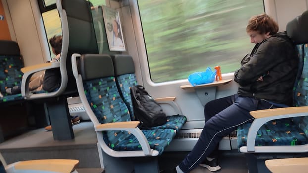 Decin Czech Republic Europe October 18 2024, Sleeping train passengers men tourism tourist travel transport shotlisttravel indoor furniture objects people . High quality photo editorial
