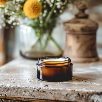 Cosmetic cream in a glass jar. Skin care concept. Background for beauty products