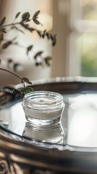 Cosmetic cream in a glass jar. Skin care concept. Background for beauty products