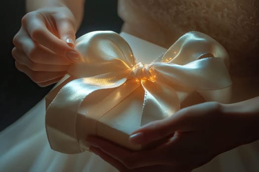 Hands gently holding a beautifully wrapped gift box adorned with a luxurious satin ribbon, capturing a moment of anticipation and surprise in a softly lit setting.