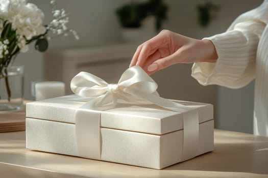 Hand gently reaching to open an elegantly wrapped gift box with a white ribbon bow. The scene conveys a moment of anticipation and surprise, perfect for celebrations and special occasions.
