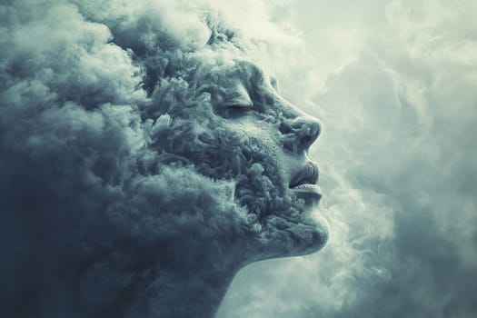 Surreal portrait of a woman's face seamlessly emerging from swirling smoke. Her serene expression blends with the ethereal atmosphere, creating an enigmatic visual effect.