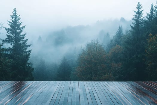 Tranquil scenery of a fog-covered forest with a clear wooden deck in the foreground. The mist creates a serene and mysterious ambiance in a dense woodland setting.