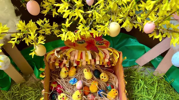 A charming Easter scene with vibrant eggs, cheerful chicks, and colorful spring decorations all around