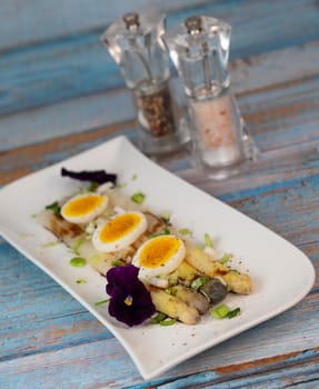 Baked asparagus with boiled egg in big white plate on blue background. High quality photo