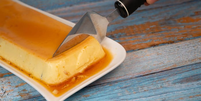 Cream caramel pudding with caramel sauce on a plate, Flan, High quality photo