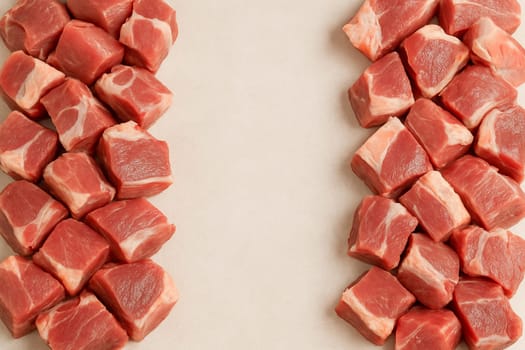 AI generated top view of fresh raw goat meat cut into pieces from various cuts arranged neatly showcasing natural color and texture against clean white background