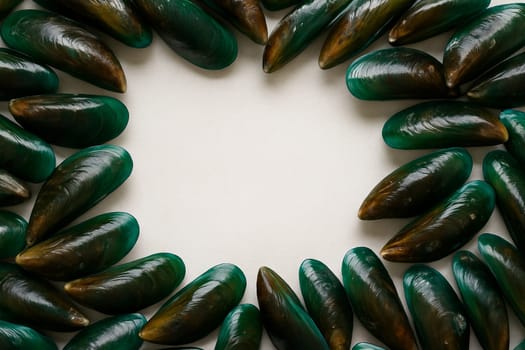 AI generated top view of fresh whole mussels with glossy blue-black shells arranged neatly showcasing premium seafood quality against clean white background