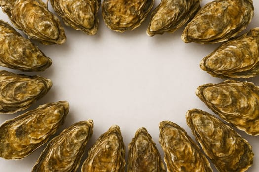 AI generated top view of fresh whole oysters with glistening shells and plump meats arranged neatly showcasing luxury seafood against clean white background