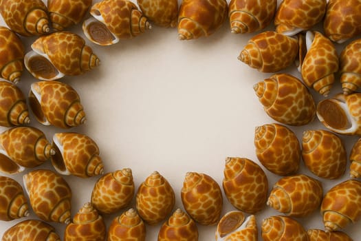 AI generated top view of fresh whole spotted babylon snails with distinctive patterned shells arranged neatly showcasing exotic seafood against clean white background