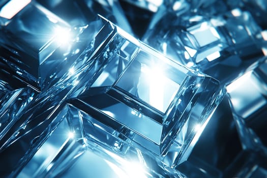 Stunning abstract composition of blue glass crystals with intricate geometric patterns. Captures light reflections and refracted surfaces, creating a captivating visual effect.