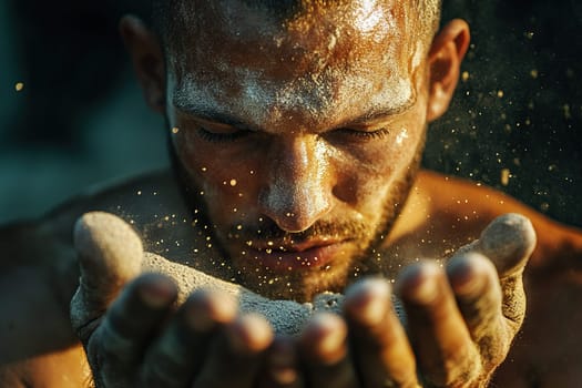 Close-up of a man holding and observing sand, showcasing a concentrated and introspective expression. Sand particles are suspended mid-air, creating a dynamic visual effect.