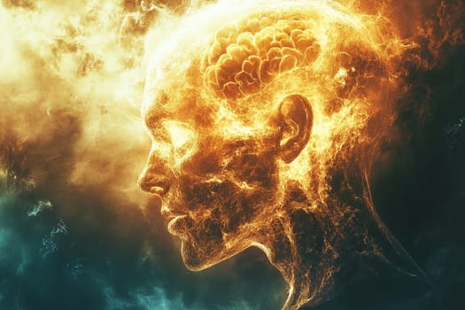 Surreal image depicting a human head engulfed in flames, with intricate brain details visible. Symbolizes intense thought, inspiration, creativity, and energy.