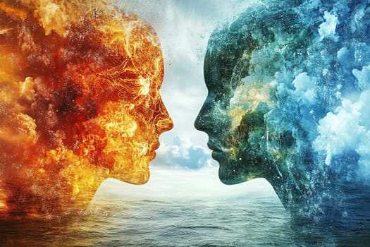 Artistic rendering of two human profiles facing each other, one made of fire and the other of water, representing a contrast and balance between these natural elements.
