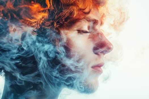 Expressive close-up of a person with eyes closed, enveloped in swirling smoke of contrasting colors, evoking a sense of mystery and tranquility.
