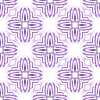 Textile ready quaint print, swimwear fabric, wallpaper, wrapping. Purple delightful boho chic summer design. Ikat repeating swimwear design. Watercolor ikat repeating tile border.