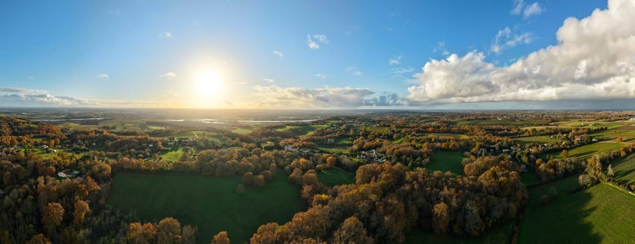 France, Gironde, Tabanac, Aerial view of the vineyard and wooded areas of Chateau le Pic in the Bordeaux vineyards at sunset. High quality photo