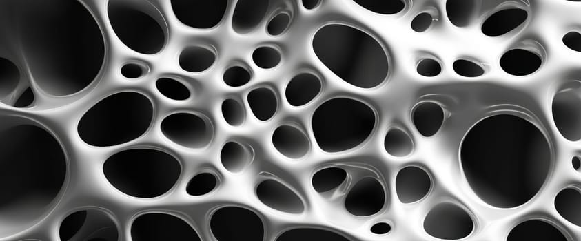 Complex network of interconnected forms and voids creates a striking abstract design in shades of gray and white. The composition showcases the interplay of light and shadow within the shapes.