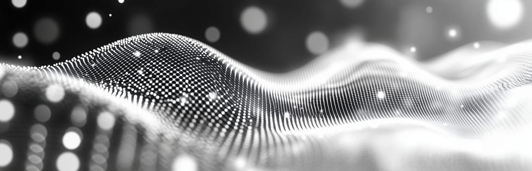 Abstract black and white waves, created from countless dots, ripple across the surface, creating a tranquil digital landscape that evokes a sense of calmness and depth.