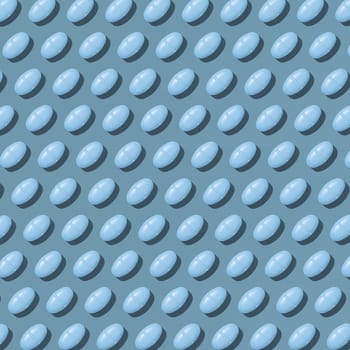 Blue medical pills on blue top view, hard light, creative pattern. Medicinal treatment for desease, pharmaceutical products for healthcare. Taking dietary supplements and vitamins