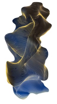 This artwork showcases an abstract design featuring fluid forms and dynamic lines interwoven in shades of blue, black, and yellow. The interplay of colors creates visual depth and movement.